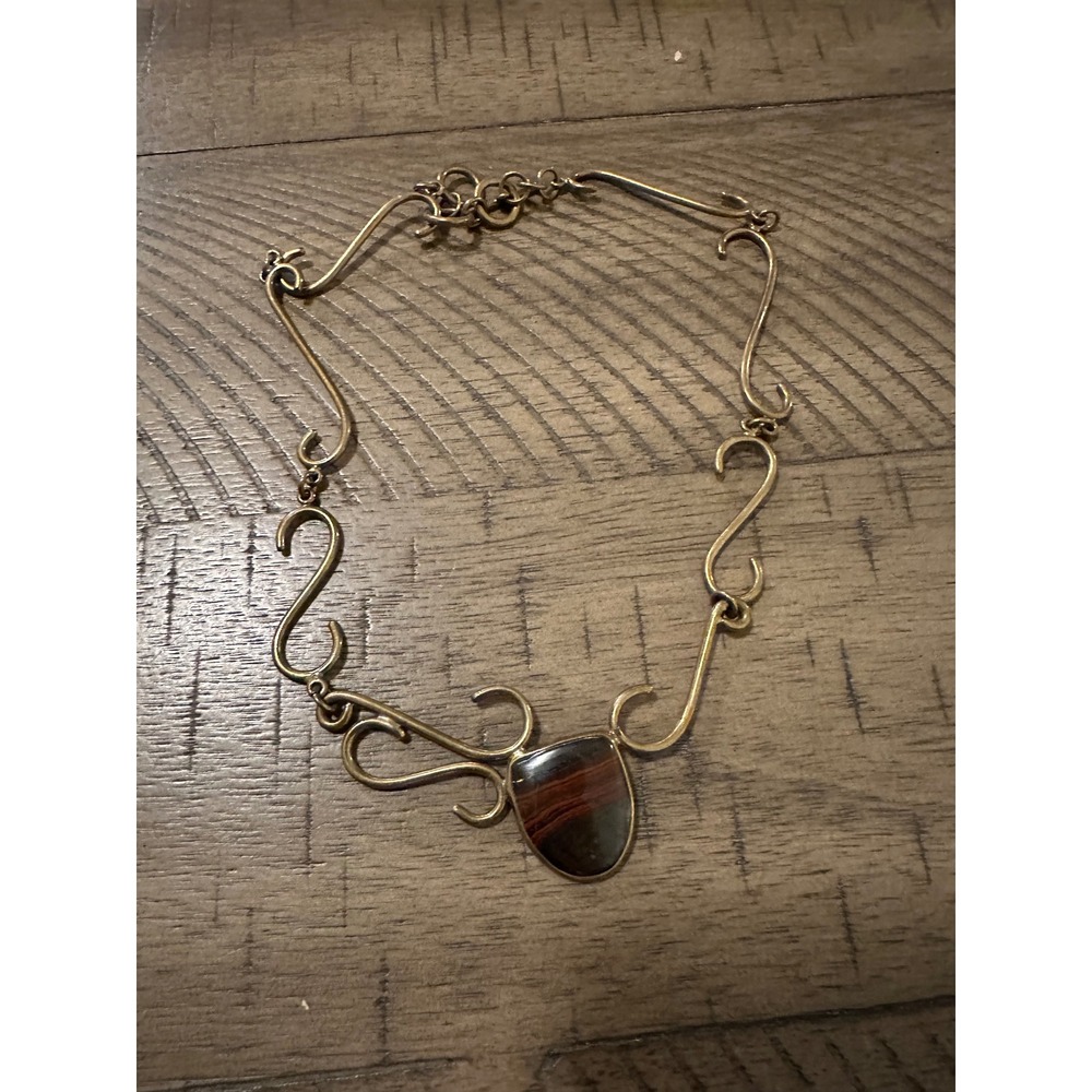 Handmade Tulum Brass Statement Necklace Banded‎ Tiger's Eye Scroll Wirework